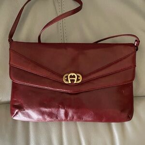 Etienne Aigner Burgundy Leather Shoulder or Clutch Bag with Brass Logo